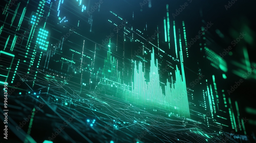 Poster futuristic digital landscape with green glowing data streams and binary elements, perfect for tech-r