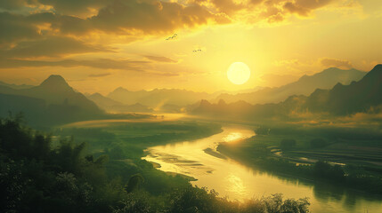 Twilight Over the River: The Sun's Afterglow Paints the Sky and Water