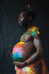 A person with colorful body painting holds a cell phone, possibly taking a photo or video