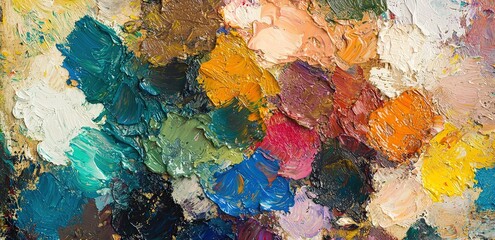 A close-up of a colorful oil paint palette, with thick, textured brushstrokes.