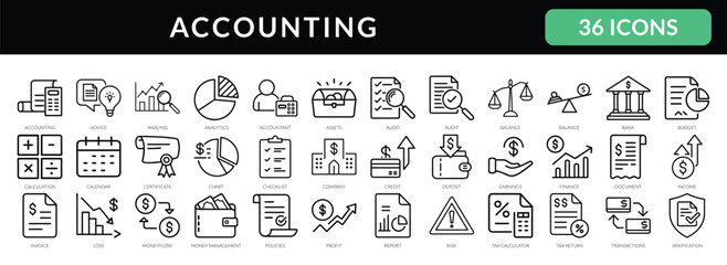 Accounting Thin Line Icon Set: Finance, Tax, Audit, Invoice, Business, Report