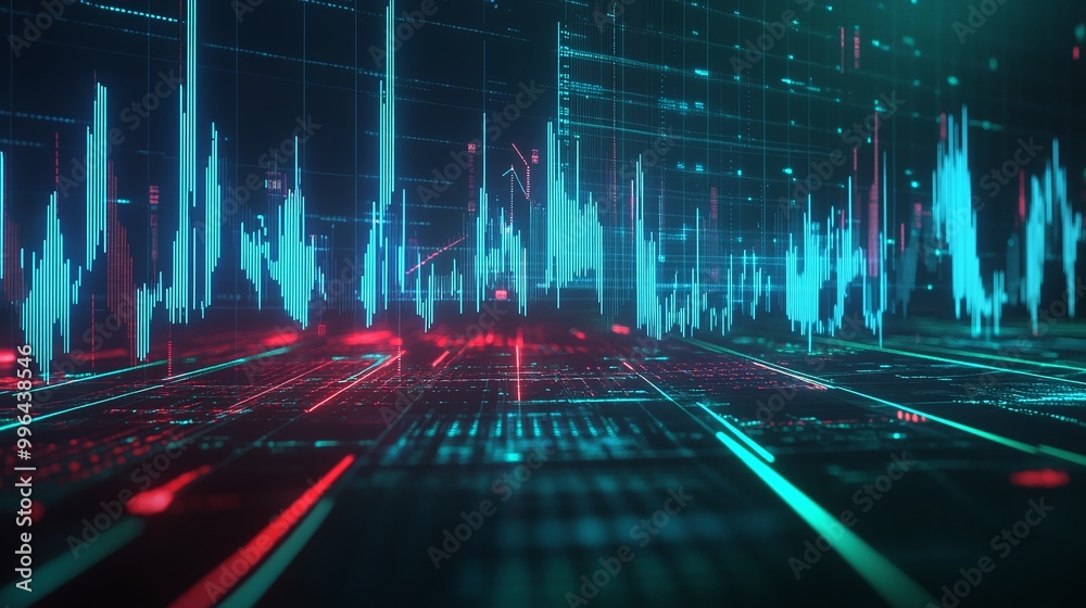 Poster futuristic digital visualization of data analysis with bright color waveforms and graphs on a dark b