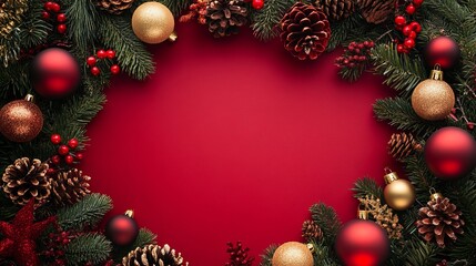 Merry Christmas and New Year. Christmas design. Fir branches, shiny gold balls, confetti and baubles. Christmas background. Festive composition