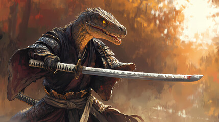A velociraptor samurai wielding a katana in feudal japan, its sharp claws complementing the blade's edge. Feudal Japan. Illustration