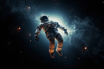 A lone astronaut, floating in the vast expanse of space, their spacesuit reflecting the distant glow of stars