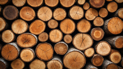 Stack of neatly arranged cut wooden logs showcasing tree rings in a close-up view, natural and geometric.