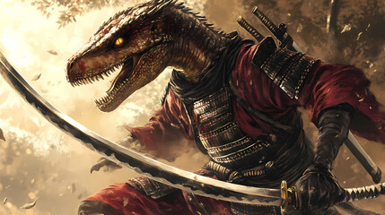 A velociraptor samurai wielding a katana in feudal japan, its sharp claws complementing the blade's edge. Feudal Japan. Illustration