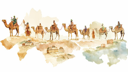 A watercolor of a detailed map of the silk road, featuring camels and traders at various stops, clipart isolated on white. Silk Road Traders. Illustration