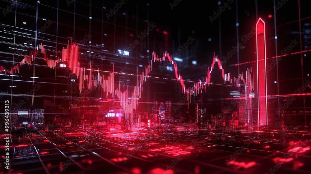 Poster futuristic financial analytics display with red graphs and charts visualizing data trends in a virtu