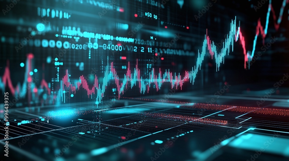 Poster futuristic financial data analysis with digital graphs and charts on glowing interface.