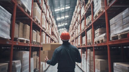 Professional male worker in a hard hat carrying boxes, moving through warehouse aisles filled with shelves, logistics job, isolate on white background