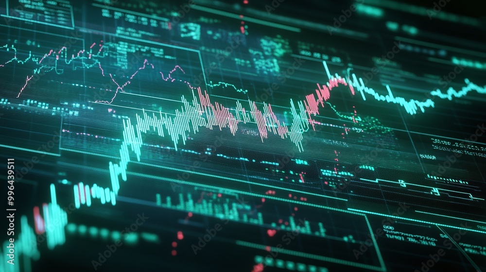 Poster futuristic financial data visualization with fluctuating graphs and digital interface elements.
