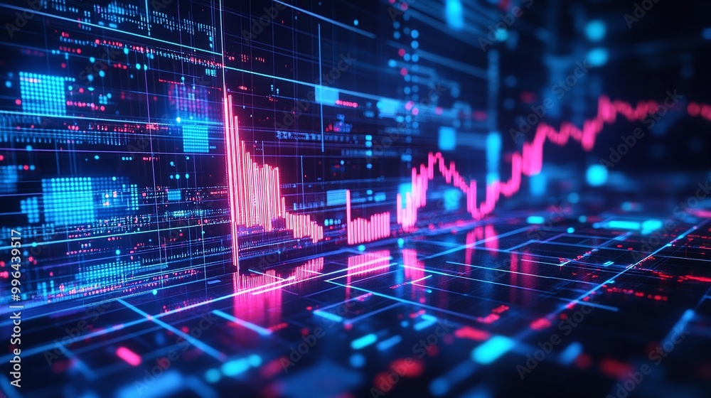 Poster futuristic financial data visualization with colorful graphs and digital elements on a grid backgrou