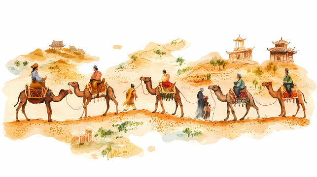 A watercolor of a detailed map of the silk road, featuring camels and traders at various stops, clipart isolated on white. silk road. illustration. Silk Road Traders. Illustration