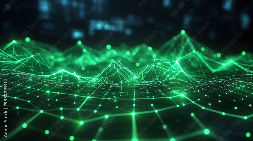 Poster futuristic green data visualization with interconnected points and lines, symbolizing digital networ