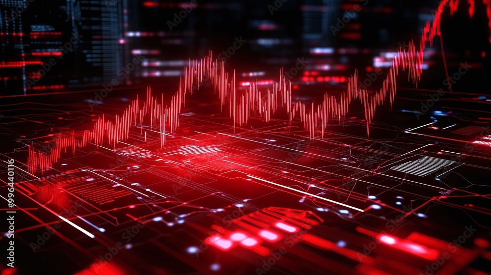 Poster futuristic red data visualization with glowing graphs and numbers on digital interface.