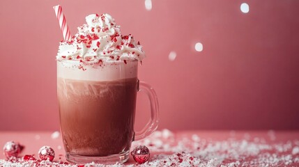 Christmas Peppermint Mocha Hot Chocolate with Whipped Cream and Candy Cane Straw.