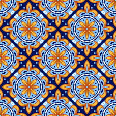 Portuguese ceramic tile pattern. Mediterranean traditional ornament. Italian or spanish majolica.