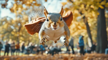 A squirrel in a superhero cape flying over a park full of people laughing in surprise © Tun