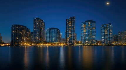 Obraz premium The iconic buildings of downtown glowing in the night, with the moon visible above, casting a serene light over the urban landscape.