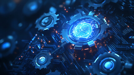 Obraz premium Abstract blue digital gears for ai innovation business and tech industry growth futuristic. Industrial Revolution. Illustration
