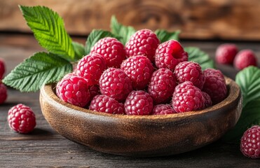Fresh raspberries on a wooden plate with green leaves, set against a rustic wooden background