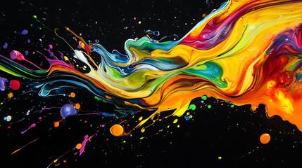 A vibrant abstract splash of colorful paint against a black background, featuring flowing lines, droplets, and swirls.