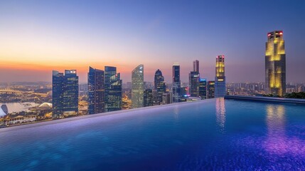 Naklejka premium The iconic skyline of Singapore from the top of Marina Bay Sands infinity pool, with a breathtaking view of the city below.