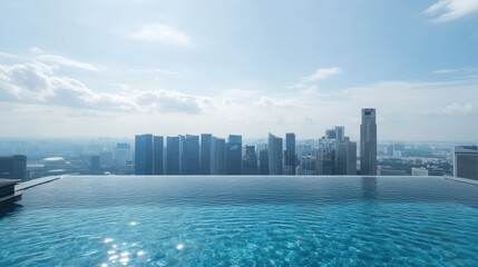Obraz premium The iconic skyline of Singapore from the top of Marina Bay Sands infinity pool, with a breathtaking view of the city below.