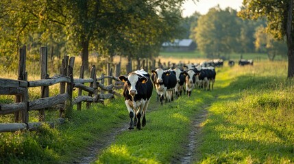 Herd of cows walking along a rural farm path, wooden fences surrounding, with copy space for text.