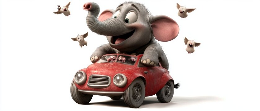 A cartoonish elephant trying to fit into a tiny car while animals watch and laugh