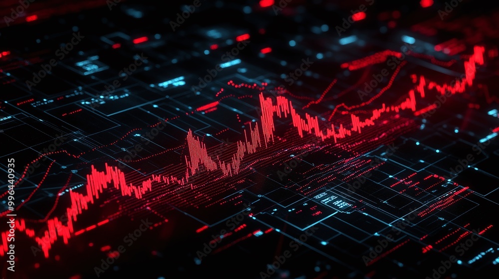 Poster red and black digital graph representation showing data trends and analytics on a modern interface.