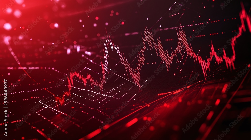 Poster red abstract financial graph with lines and data points on a dark background.