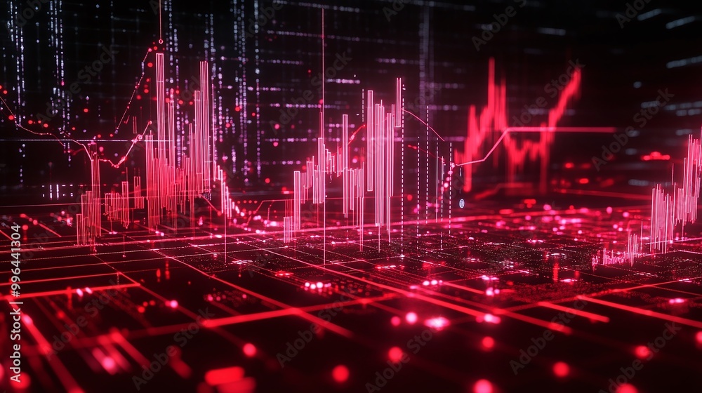 Poster red data visualization with bars and graphs on a digital background.