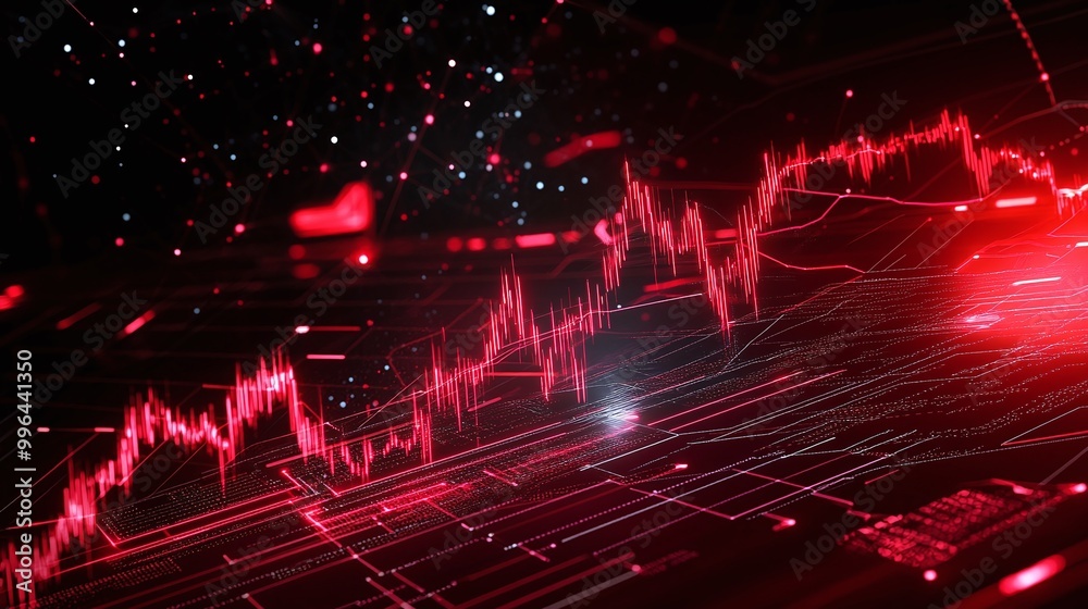 Poster red digital data visualization with graphs and lines depicting trends and fluctuations against a dar