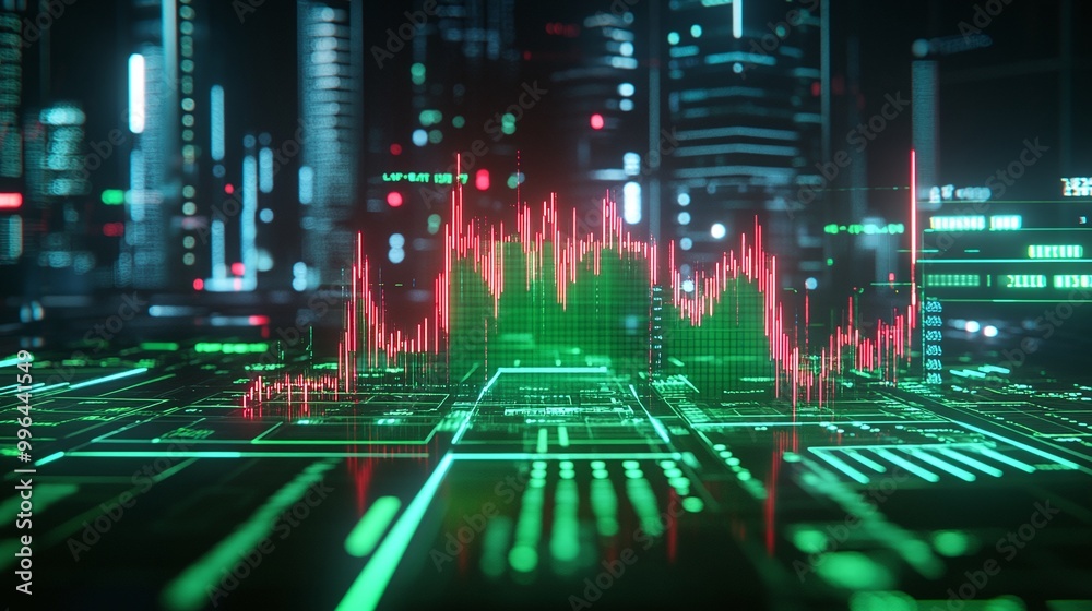 Poster stylized data visualization with green and red graph lines on a futuristic digital interface.