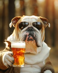 A humorous yet stylish bulldog, decked out in aviator sunglasses and a jacket, savoring a frosty glass of beer in a relaxed setting.