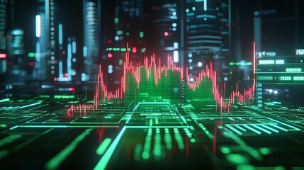 Stylized data visualization with green and red graph lines on a futuristic digital interface.