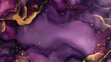 Abstract purple and gold ink painting with flowing lines and gold glitter.
