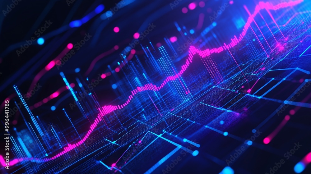 Poster vibrant abstract data visualization with colorful graph lines and glowing effects, representing digi