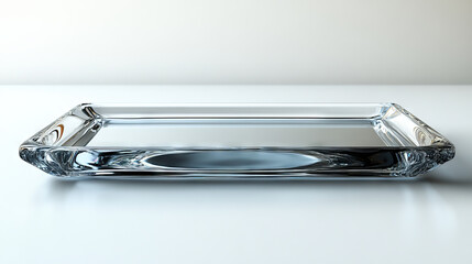 A clear glass tray sits on a white surface, ready for display.