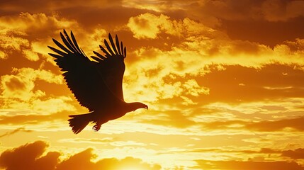 The silhouette of a golden eagle against a golden sunset, its wings outstretched as it flies toward the horizon.