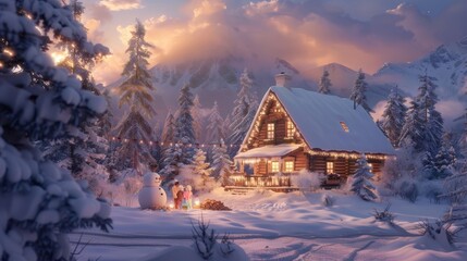 Naklejka premium Charming winter cabin with snow, cozy lights, and a warm fire near a snowy landscape at sunset, perfect for holiday spirit.