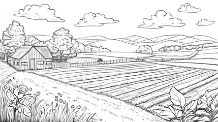 Obraz premium Rural Landscape with a Farmhouse and Ploughed Fields