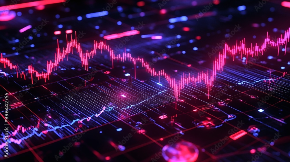 Poster vibrant digital data visualization with fluctuating lines and graphs in striking colors, representin