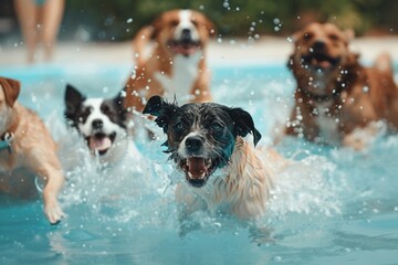 Group of dogs having fun swimming and playing together in a pool