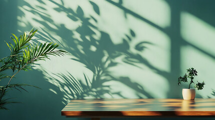 A wooden table with a green wall in the background. The wall is illuminated by sunlight, casting shadows of leaves onto the surface. A small plant sits on the table.