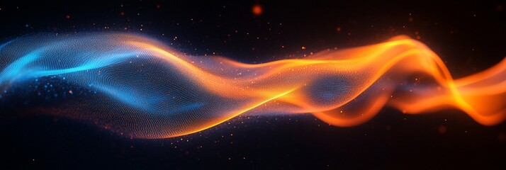 Fototapeta premium Abstract curved light track, flowing like waves of energy in orange and blue colors on a black background