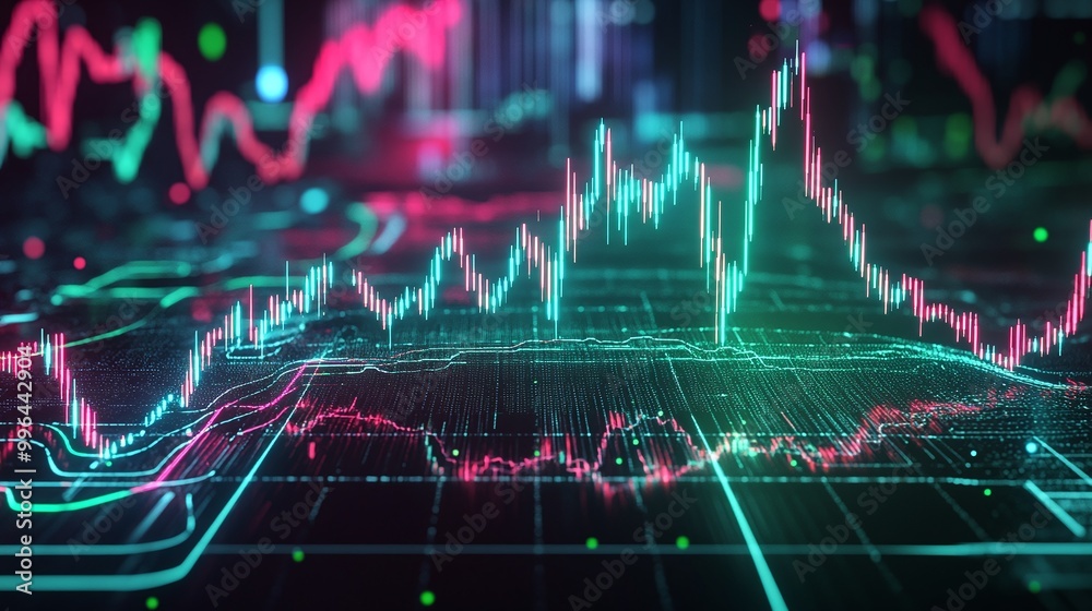 Poster vibrant digital financial data visualization with dynamic graphs and stats, representing modern tech