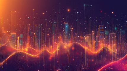 Fototapeta premium Abstract digital cityscape with glowing lines and dots in orange and red hues.